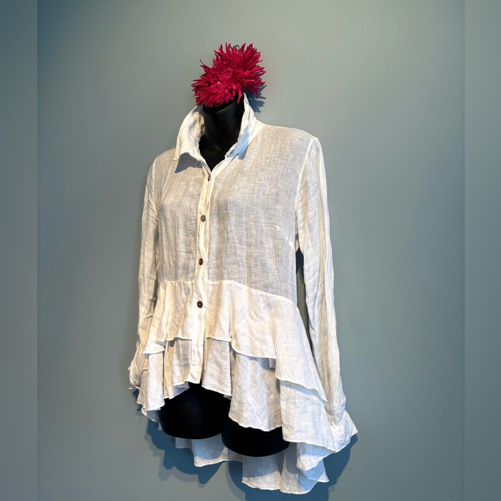 White Ruffled High-Low Button Down Shirt - Picture 3 of 9